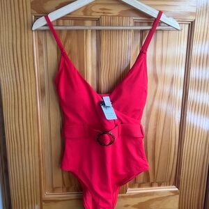 Belted Swim Suit in Cherry Red